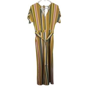 June & Hudson Jumpsuit Womens Small Multicolor Stripe Tie Waist Wide Leg V Neck